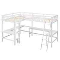 Whisen Lit mezzanine en bois en forme de L, taille double, 119 po L x 79,5 po l, avec échelle et 2 bureaux intégrés en forme de L