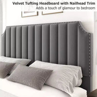 Cadre de lit WhizMax Grand lit/Très grand lit avec tête de lit de 127,5 cm de hauteur, cadre de lit Queen en velours avec tête et pied de lit touffetés à canaux verticaux