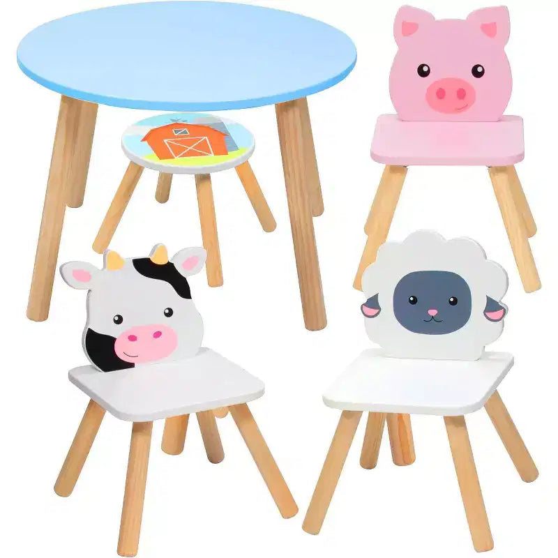 Ensemble table et chaises Svan en bois sur le thème des animaux avec 3 sièges (vache, cochon, mouton) pour activités créatives, jeux de rôle - Mobilier de salle de jeux pour tout-petits et enfants plus âgés