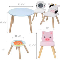 Ensemble table et chaises Svan en bois sur le thème des animaux avec 3 sièges (vache, cochon, mouton) pour activités créatives, jeux de rôle - Mobilier de salle de jeux pour tout-petits et enfants plus âgés