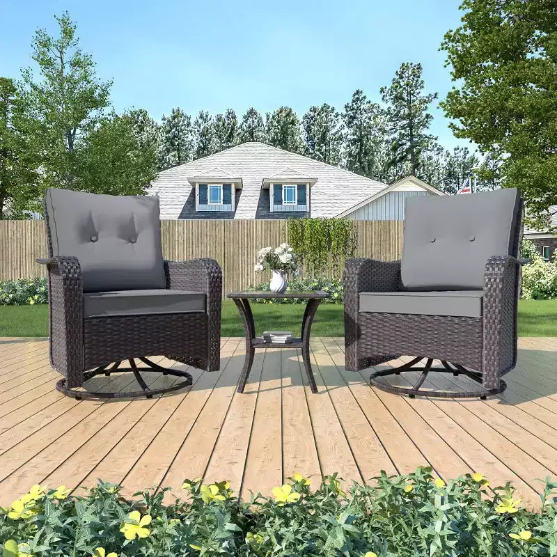 ALAULM Ensemble de mobilier de terrasse, glissières pivotantes à bascule d'extérieur, ensemble bistro de terrasse en résine tressée, chaise à bascule avec table en verre trempé et coussins épaissis
