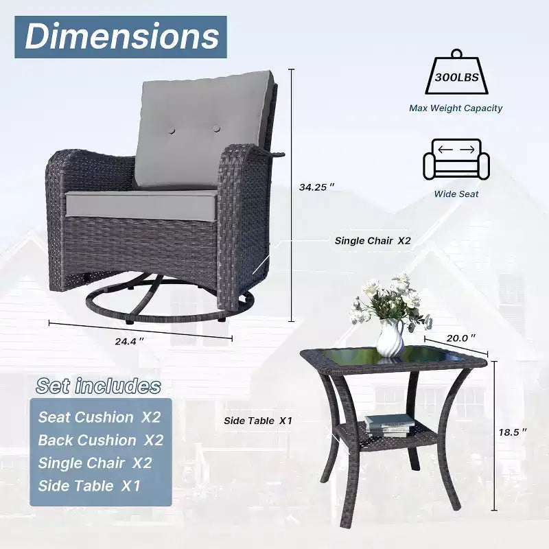 ALAULM Ensemble de mobilier de terrasse, glissières pivotantes à bascule d'extérieur, ensemble bistro de terrasse en résine tressée, chaise à bascule avec table en verre trempé et coussins épaissis