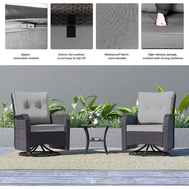 ALAULM Ensemble de mobilier de terrasse, glissières pivotantes à bascule d'extérieur, ensemble bistro de terrasse en résine tressée, chaise à bascule avec table en verre trempé et coussins épaissis