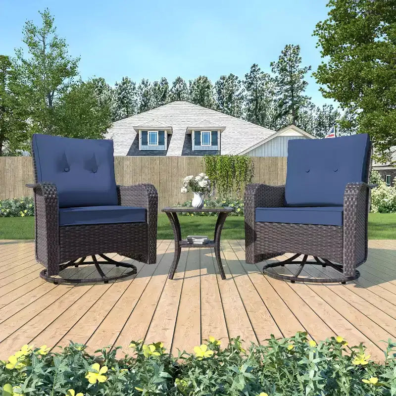 ALAULM Ensemble de mobilier de terrasse, glissières pivotantes à bascule d'extérieur, ensemble bistro de terrasse en résine tressée, chaise à bascule avec table en verre trempé et coussins épaissis