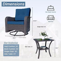 ALAULM Ensemble de mobilier de terrasse, glissières pivotantes à bascule d'extérieur, ensemble bistro de terrasse en résine tressée, chaise à bascule avec table en verre trempé et coussins épaissis