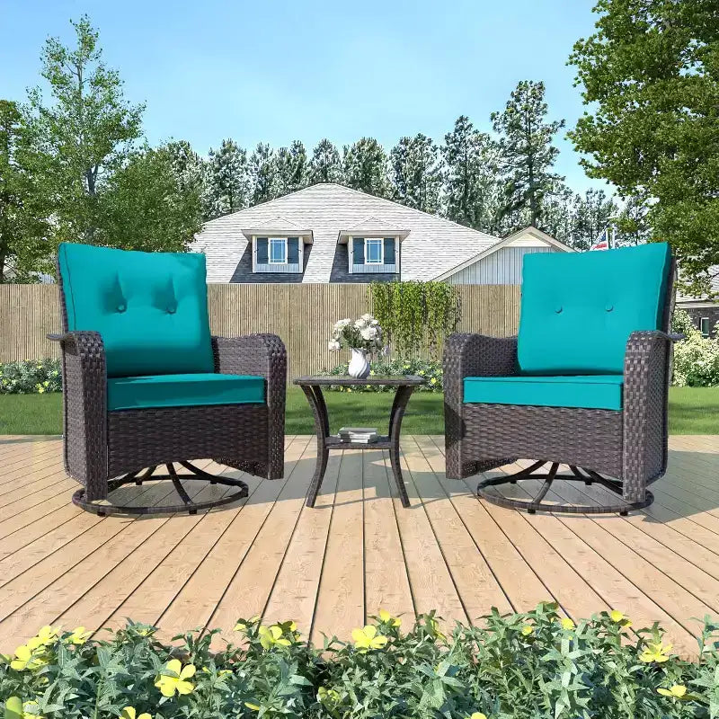 ALAULM Ensemble de mobilier de terrasse, glissières pivotantes à bascule d'extérieur, ensemble bistro de terrasse en résine tressée, chaise à bascule avec table en verre trempé et coussins épaissis