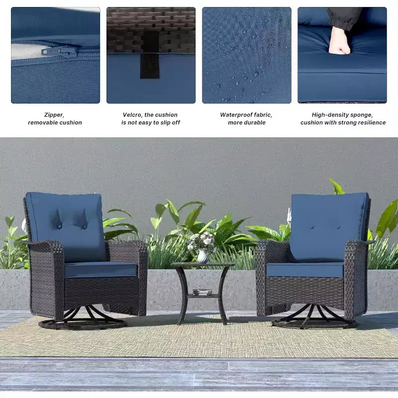 ALAULM Ensemble de mobilier de terrasse, glissières pivotantes à bascule d'extérieur, ensemble bistro de terrasse en résine tressée, chaise à bascule avec table en verre trempé et coussins épaissis