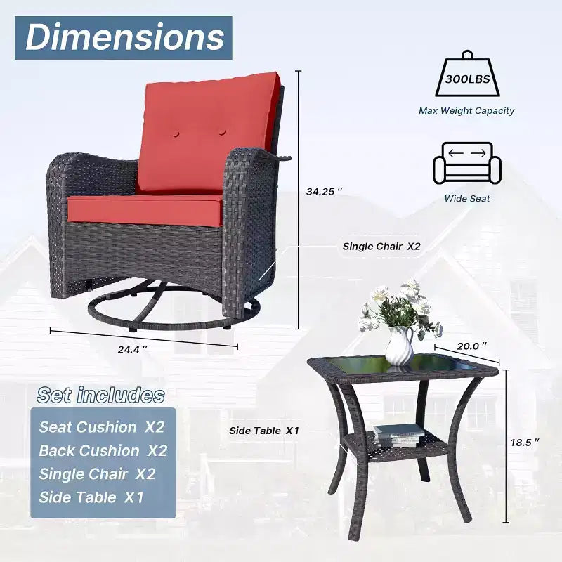 ALAULM Ensemble de mobilier de terrasse, glissières pivotantes à bascule d'extérieur, ensemble bistro de terrasse en résine tressée, chaise à bascule avec table en verre trempé et coussins épaissis