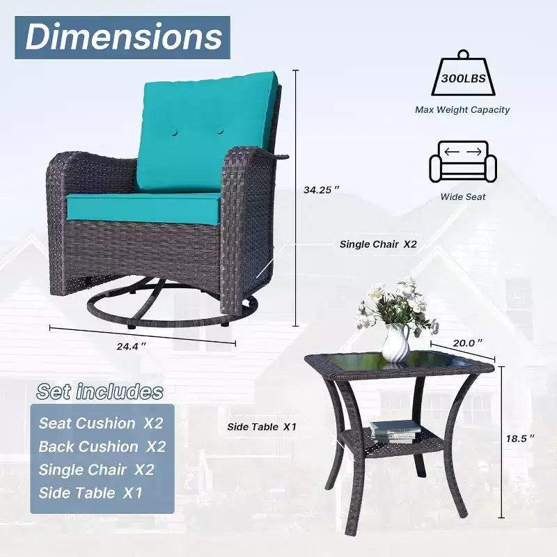 ALAULM Ensemble de mobilier de terrasse, glissières pivotantes à bascule d'extérieur, ensemble bistro de terrasse en résine tressée, chaise à bascule avec table en verre trempé et coussins épaissis
