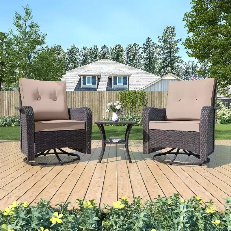 ALAULM Ensemble de mobilier de terrasse, glissières pivotantes à bascule d'extérieur, ensemble bistro de terrasse en résine tressée, chaise à bascule avec table en verre trempé et coussins épaissis