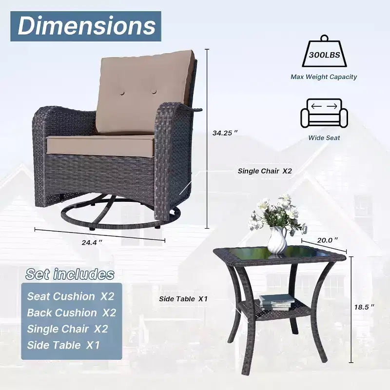 ALAULM Ensemble de mobilier de terrasse, glissières pivotantes à bascule d'extérieur, ensemble bistro de terrasse en résine tressée, chaise à bascule avec table en verre trempé et coussins épaissis