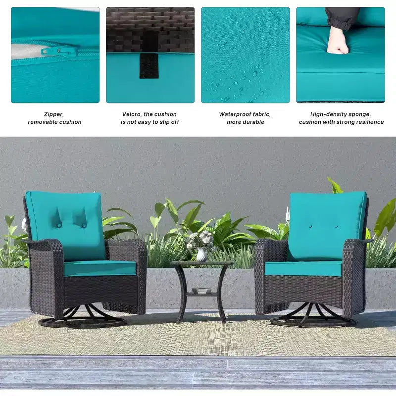 ALAULM Ensemble de mobilier de terrasse, glissières pivotantes à bascule d'extérieur, ensemble bistro de terrasse en résine tressée, chaise à bascule avec table en verre trempé et coussins épaissis