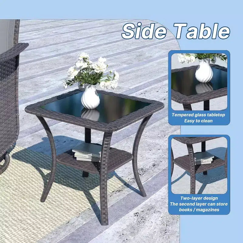 ALAULM Ensemble de mobilier de terrasse, glissières pivotantes à bascule d'extérieur, ensemble bistro de terrasse en résine tressée, chaise à bascule avec table en verre trempé et coussins épaissis