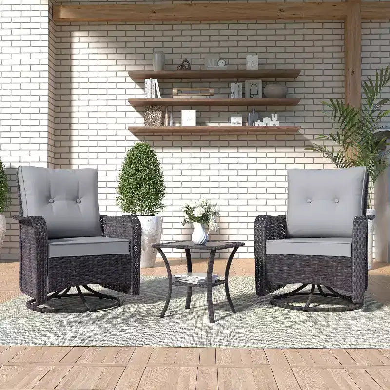 ALAULM Ensemble de mobilier de terrasse, glissières pivotantes à bascule d'extérieur, ensemble bistro de terrasse en résine tressée, chaise à bascule avec table en verre trempé et coussins épaissis