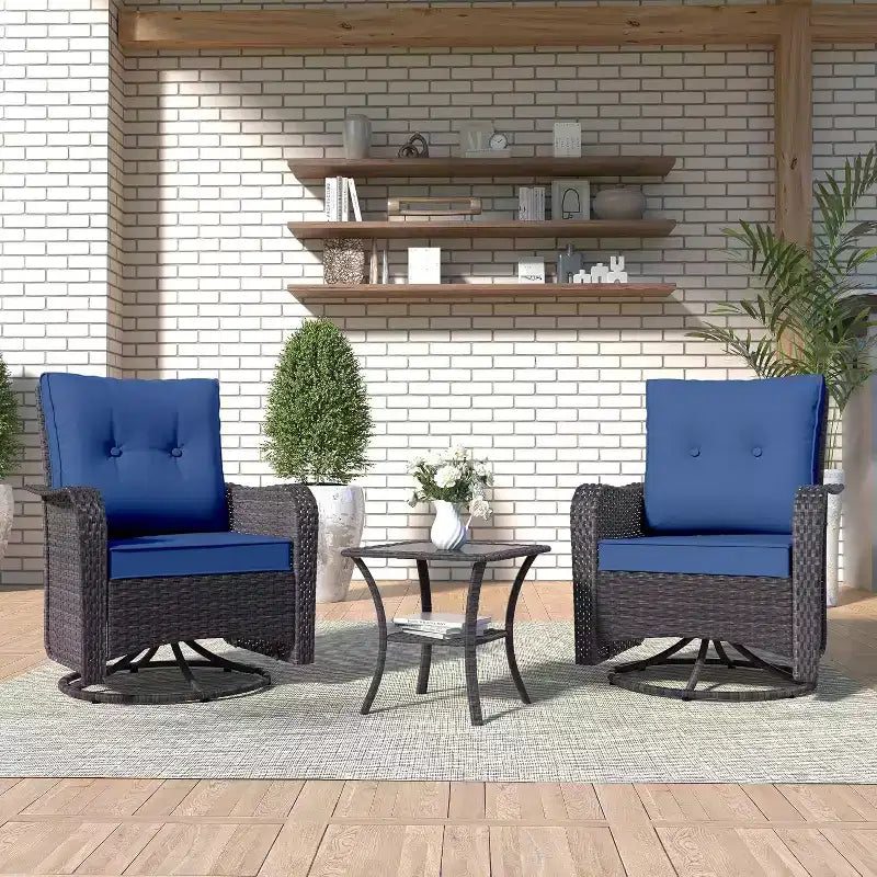 ALAULM Ensemble de mobilier de terrasse, glissières pivotantes à bascule d'extérieur, ensemble bistro de terrasse en résine tressée, chaise à bascule avec table en verre trempé et coussins épaissis