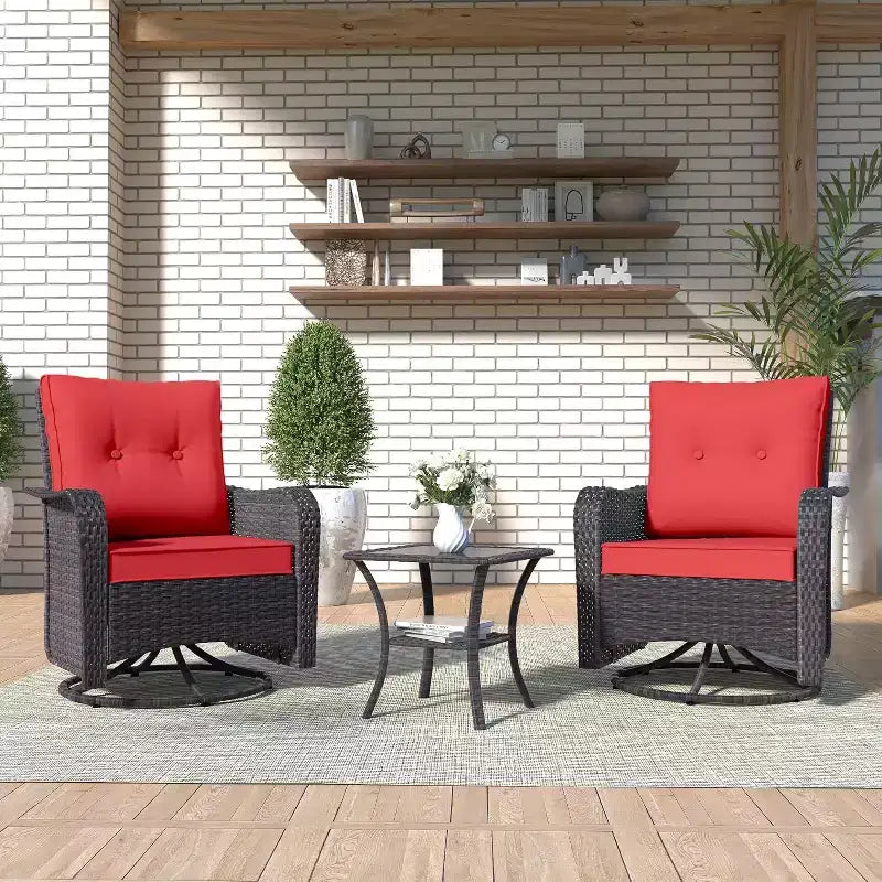 ALAULM Ensemble de mobilier de terrasse, glissières pivotantes à bascule d'extérieur, ensemble bistro de terrasse en résine tressée, chaise à bascule avec table en verre trempé et coussins épaissis