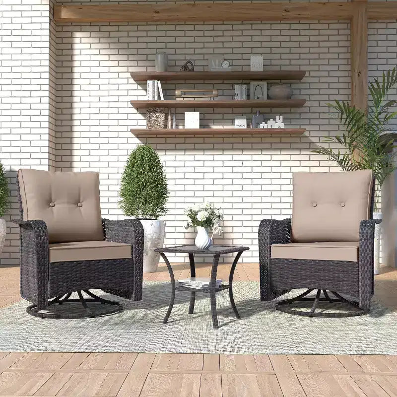 ALAULM Ensemble de mobilier de terrasse, glissières pivotantes à bascule d'extérieur, ensemble bistro de terrasse en résine tressée, chaise à bascule avec table en verre trempé et coussins épaissis