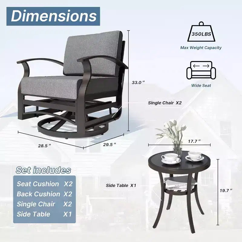 ALAULM Ensemble de mobilier de patio 3 pièces, fauteuils à bascule pivotants en aluminium pour extérieur, ensemble de bistro de patio avec coussins et table basse