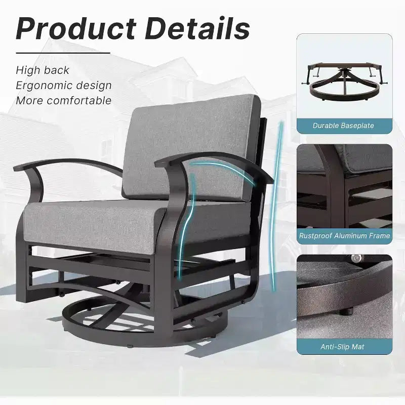 ALAULM Ensemble de mobilier de patio 3 pièces, fauteuils à bascule pivotants en aluminium pour extérieur, ensemble de bistro de patio avec coussins et table basse