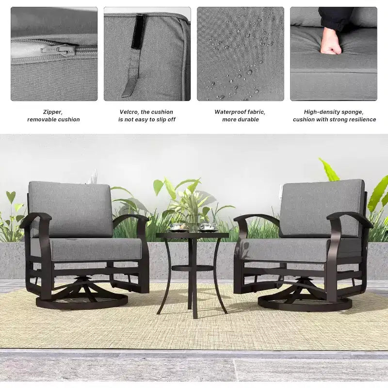 ALAULM Ensemble de mobilier de patio 3 pièces, fauteuils à bascule pivotants en aluminium pour extérieur, ensemble de bistro de patio avec coussins et table basse