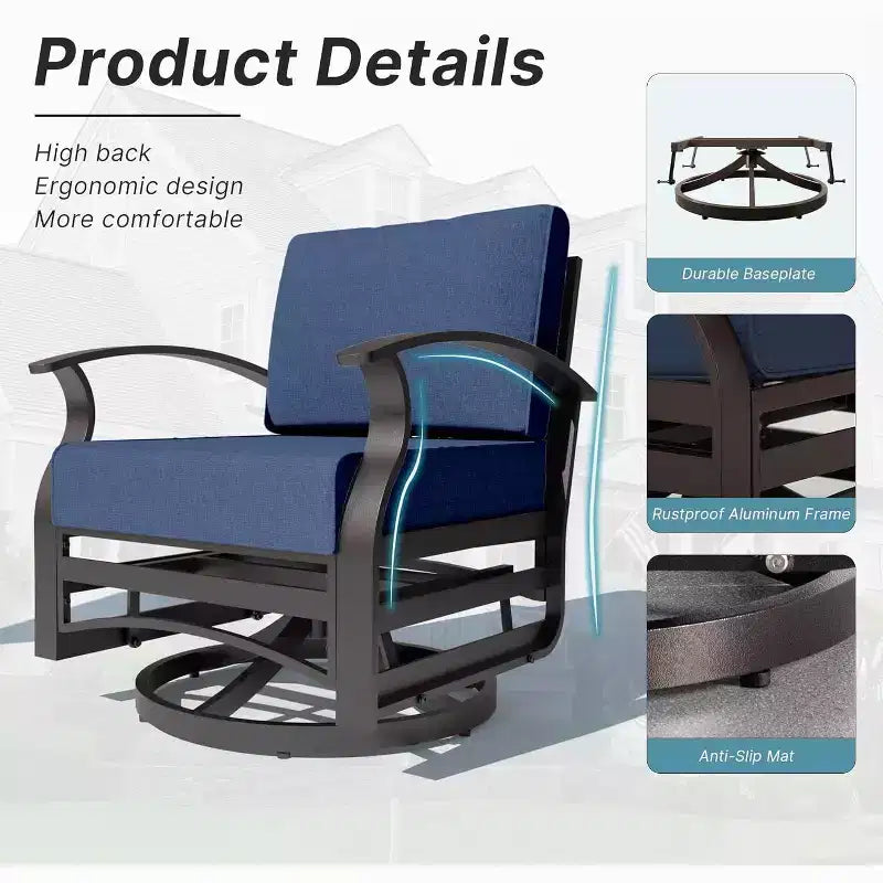 ALAULM Ensemble de mobilier de patio 3 pièces, fauteuils à bascule pivotants en aluminium pour extérieur, ensemble de bistro de patio avec coussins et table basse