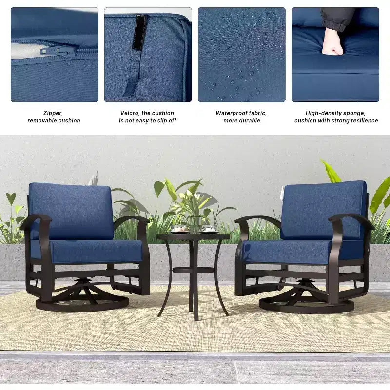 ALAULM Ensemble de mobilier de patio 3 pièces, fauteuils à bascule pivotants en aluminium pour extérieur, ensemble de bistro de patio avec coussins et table basse