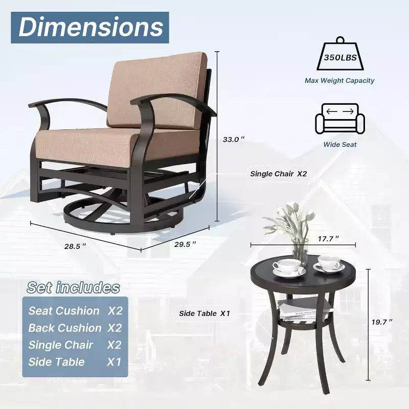 ALAULM Ensemble de mobilier de patio 3 pièces, fauteuils à bascule pivotants en aluminium pour extérieur, ensemble de bistro de patio avec coussins et table basse