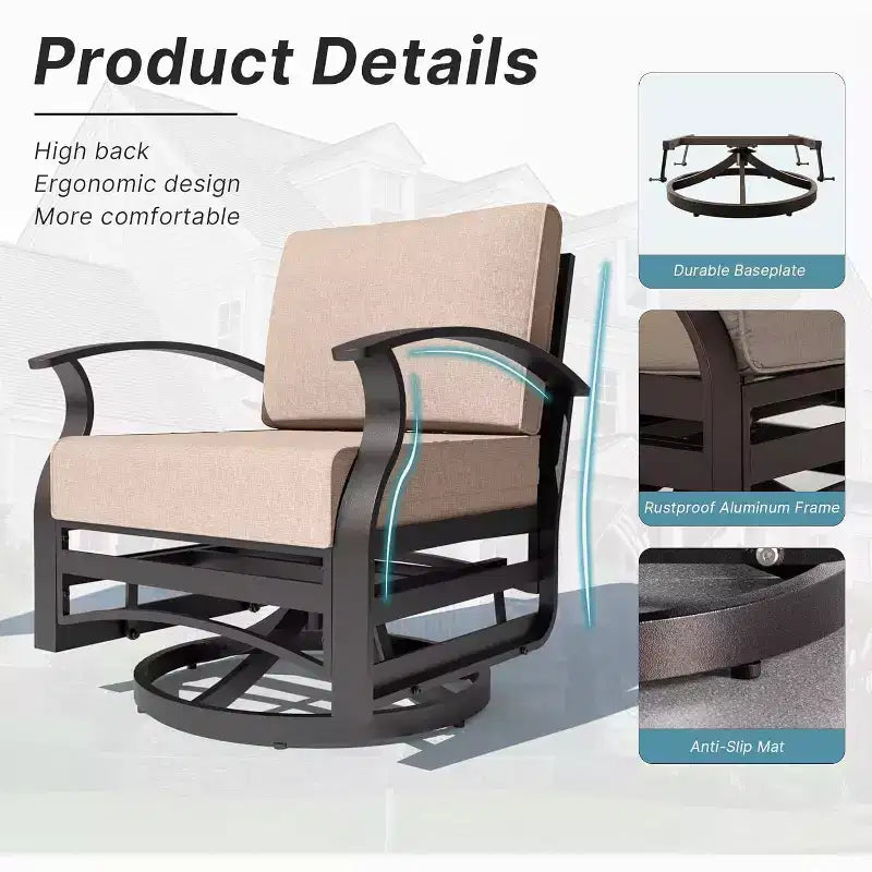 ALAULM Ensemble de mobilier de patio 3 pièces, fauteuils à bascule pivotants en aluminium pour extérieur, ensemble de bistro de patio avec coussins et table basse