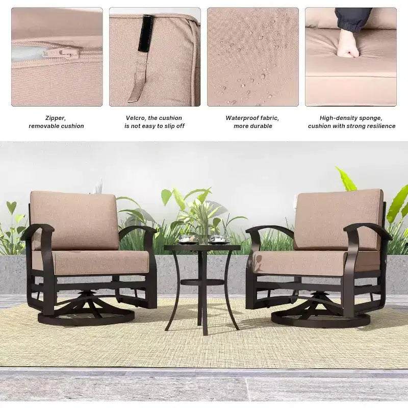 ALAULM Ensemble de mobilier de patio 3 pièces, fauteuils à bascule pivotants en aluminium pour extérieur, ensemble de bistro de patio avec coussins et table basse