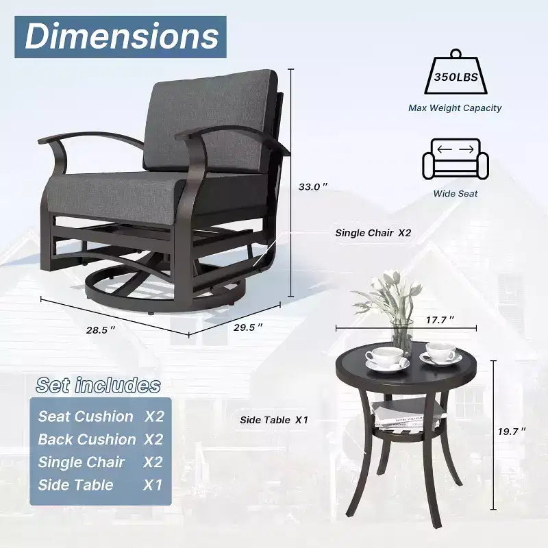 ALAULM Ensemble de mobilier de patio 3 pièces, fauteuils à bascule pivotants en aluminium pour extérieur, ensemble de bistro de patio avec coussins et table basse