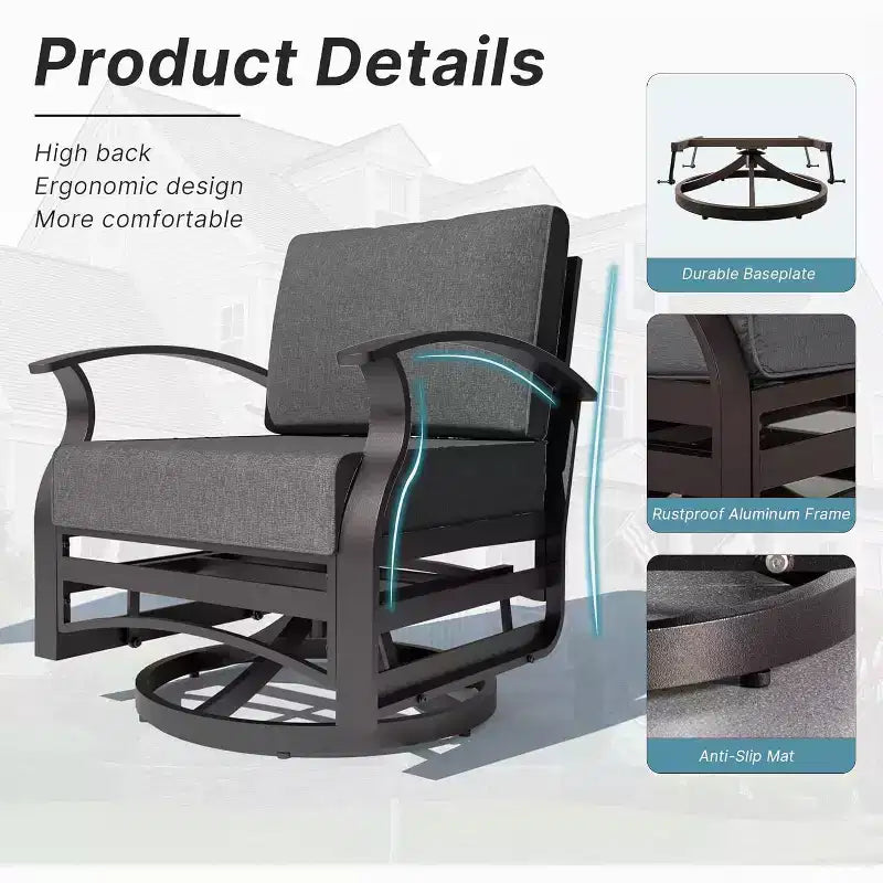 ALAULM Ensemble de mobilier de patio 3 pièces, fauteuils à bascule pivotants en aluminium pour extérieur, ensemble de bistro de patio avec coussins et table basse