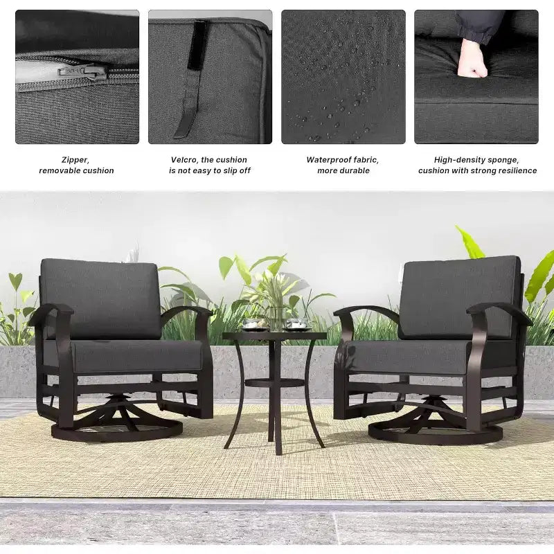 ALAULM Ensemble de mobilier de patio 3 pièces, fauteuils à bascule pivotants en aluminium pour extérieur, ensemble de bistro de patio avec coussins et table basse