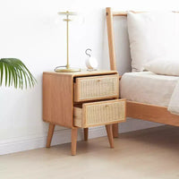 Table de chevet GDFStudio Nydia en bois de chêne massif et rotin avec deux tiroirs, hauteur 54 cm