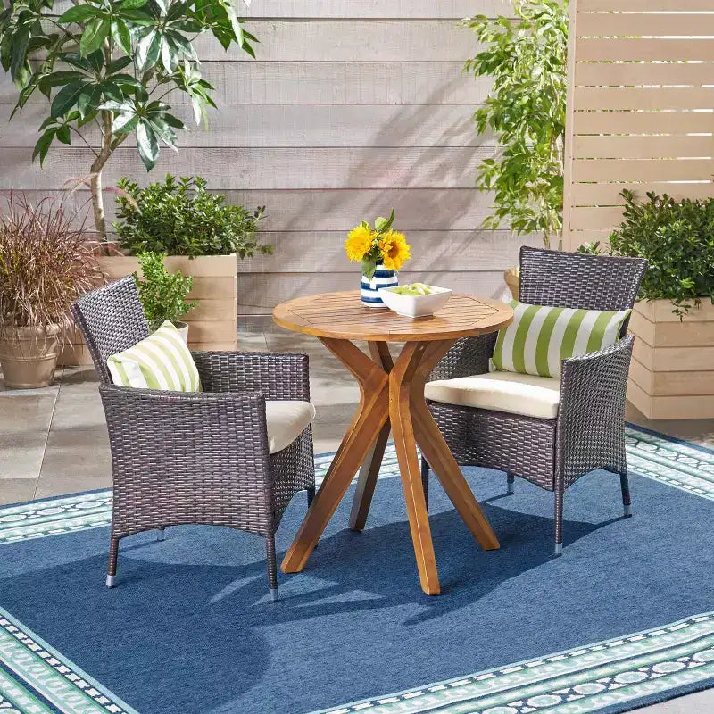 GDFStudio Berkeley Outdoor Acacia Wood and Wicker 3 Piece Bistro Set