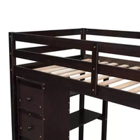 Whisen 94.40''L 41.80''W Lit mezzanine double en bois au design moderne avec tiroirs de rangement, bureau et escalier