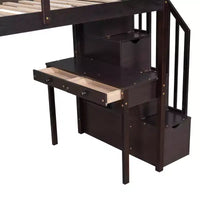 Whisen 94.40''L 41.80''W Lit mezzanine double en bois au design moderne avec tiroirs de rangement, bureau et escalier