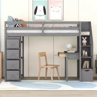 Whisen 94.40''L 41.80''W Lit mezzanine double en bois au design moderne avec tiroirs de rangement, bureau et escalier