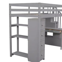 Whisen 94.40''L 41.80''W Lit mezzanine double en bois au design moderne avec tiroirs de rangement, bureau et escalier