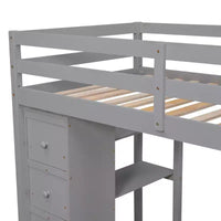 Whisen 94.40''L 41.80''W Lit mezzanine double en bois au design moderne avec tiroirs de rangement, bureau et escalier