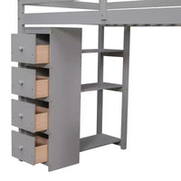 Whisen 94.40''L 41.80''W Lit mezzanine double en bois au design moderne avec tiroirs de rangement, bureau et escalier