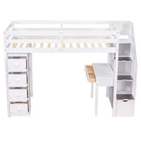 Whisen 94.40''L 41.80''W Lit mezzanine double en bois au design moderne avec tiroirs de rangement, bureau et escalier