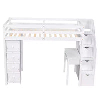 Whisen 94.40''L 41.80''W Lit mezzanine double en bois au design moderne avec tiroirs de rangement, bureau et escalier
