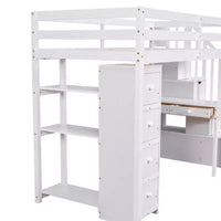 Whisen 94.40''L 41.80''W Lit mezzanine double en bois au design moderne avec tiroirs de rangement, bureau et escalier