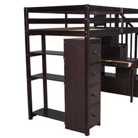 Whisen 94.40''L 41.80''W Lit mezzanine double en bois au design moderne avec tiroirs de rangement, bureau et escalier