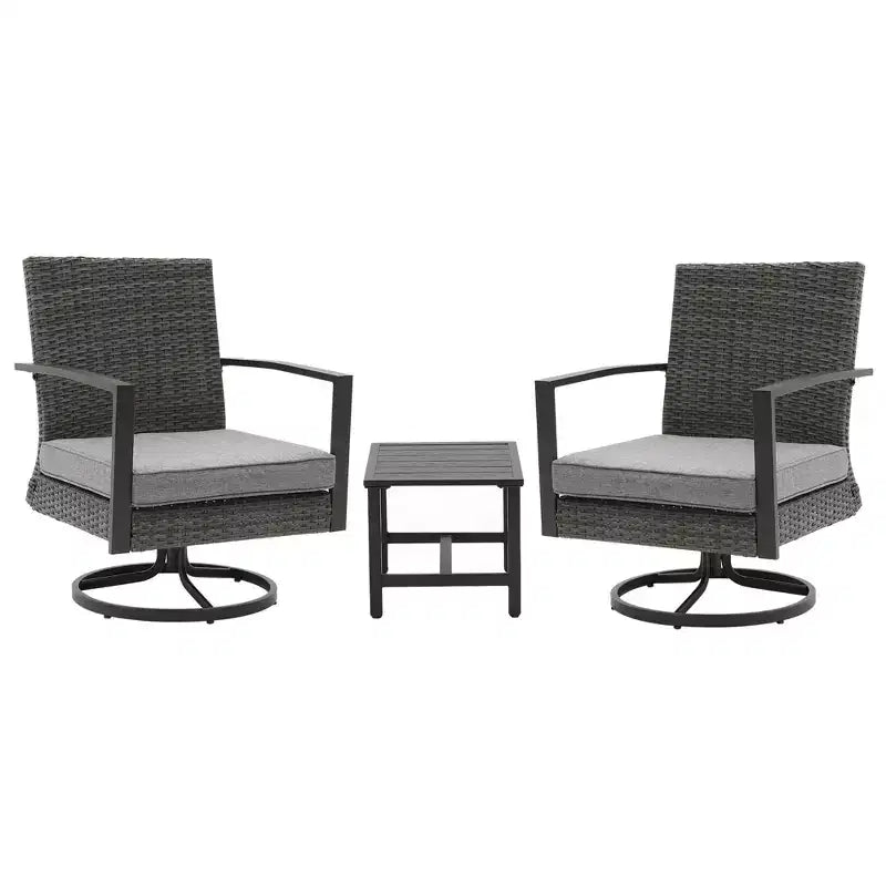 Heynemo Ensemble de bistrot de terrasse 3 pièces avec fauteuil pivotant et petite table d'appoint, chaises en rotin toutes saisons avec coussins résistants à l'eau et cadre en métal