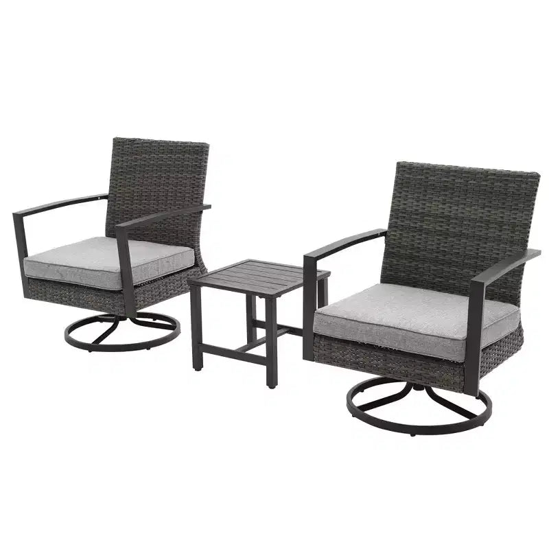 Heynemo Ensemble de bistrot de terrasse 3 pièces avec fauteuil pivotant et petite table d'appoint, chaises en rotin toutes saisons avec coussins résistants à l'eau et cadre en métal