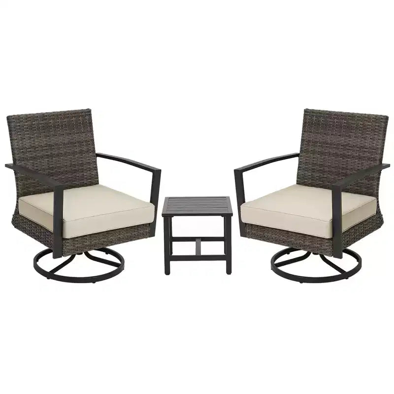 Heynemo Ensemble de bistrot de terrasse 3 pièces avec fauteuil pivotant et petite table d'appoint, chaises en rotin toutes saisons avec coussins résistants à l'eau et cadre en métal