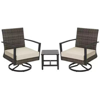 Heynemo Ensemble de bistrot de terrasse 3 pièces avec fauteuil pivotant et petite table d'appoint, chaises en rotin toutes saisons avec coussins résistants à l'eau et cadre en métal