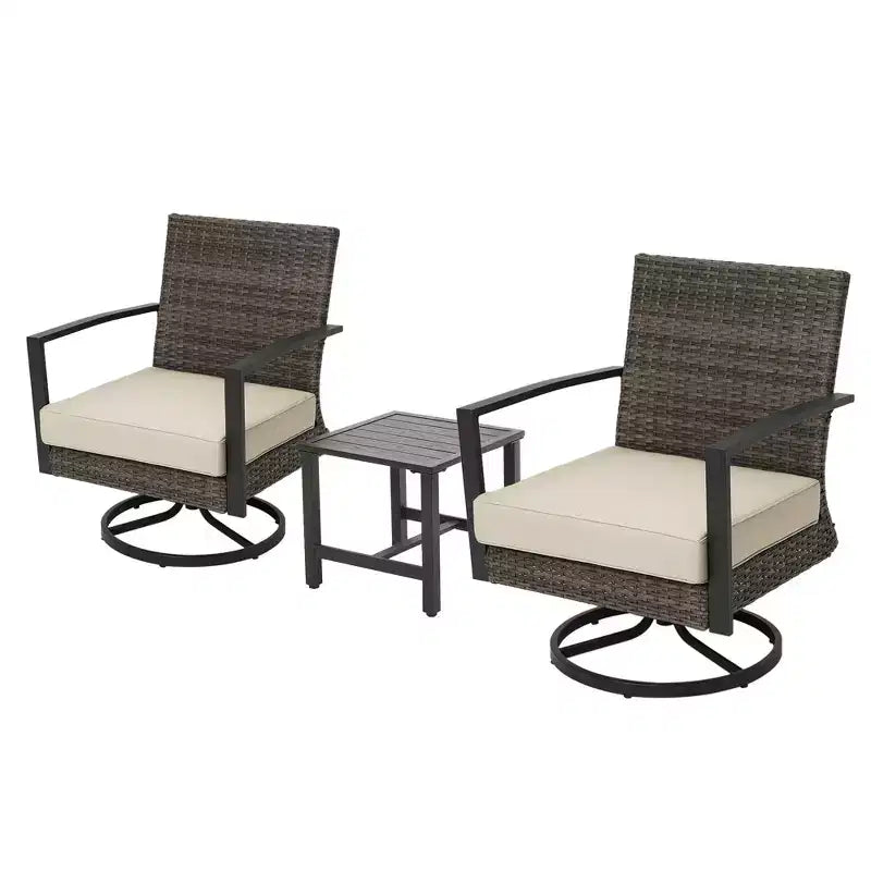 Heynemo Ensemble de bistrot de terrasse 3 pièces avec fauteuil pivotant et petite table d'appoint, chaises en rotin toutes saisons avec coussins résistants à l'eau et cadre en métal