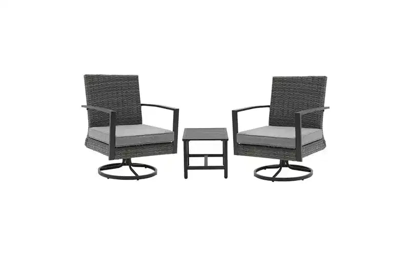 Heynemo 3 Pieces Patio Bistro Set with Swivel Chair and Small Side Table, All Weather Rattan Chairs with Water-Resistant Cushions & Metal Frame